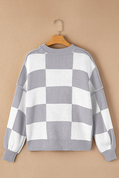 Chic Women's Gray Checkered Bishop Sleeve Sweater - Cozy Knit Top with Trendy Puff Sleeves for Stylish Fall Looks