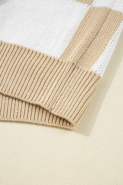 Women's Stylish Light Beige Checkered Polo Sweater - Loose Fit Knit for Effortless Casual Chic Comfort