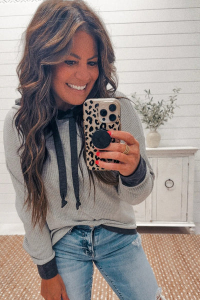 Women's Light Grey Ribbed Knit Hoodie with Contrast Trim and Tie Neck Cozy Casual Style for Everyday Wear