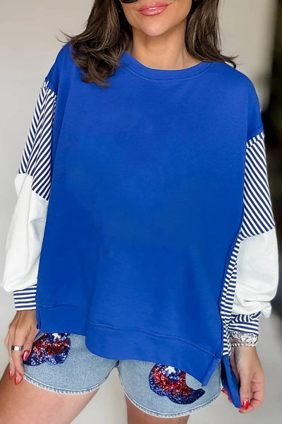 Cozy Women's Dark Blue Colorblock Sweatshirt with Trendy Patchwork Sleeves Stylish Casual Top for Year-Round Wear