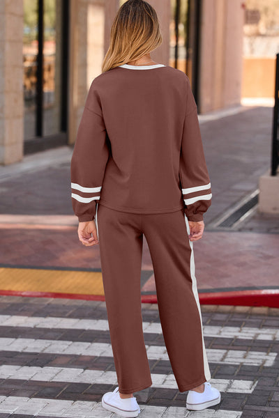 Women's Chestnut Varsity Stripe Puff Sleeve Pullover and Wide Leg Pant Set with practical styling and dependable silhouette control.
