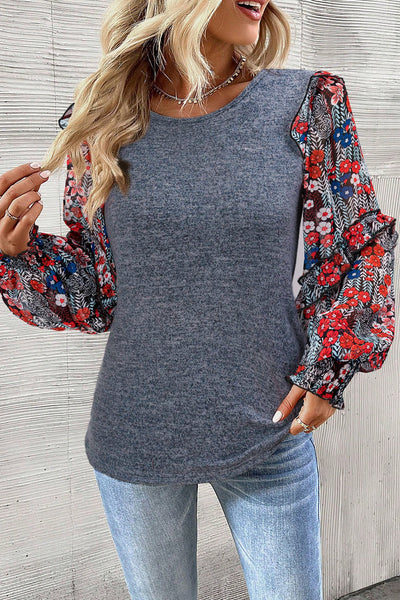 Pale Chestnut Women's Floral Ruffle Sleeve Blouse - Elegant Tiered Design for Effortless Style and Comfort