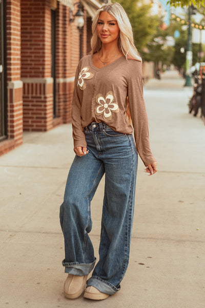Women's Relaxed V-Neck Top with Raw-Edge Floral Appliques