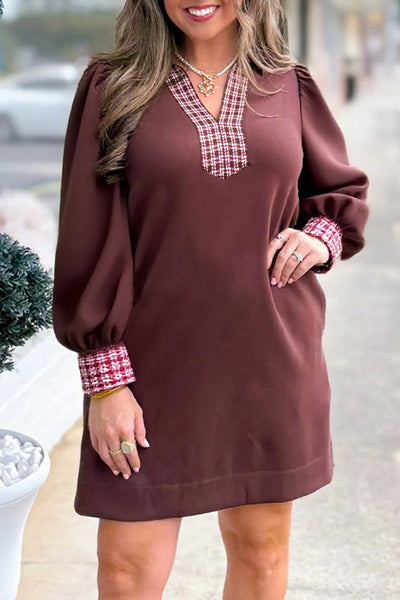 Plus Size Women's Casual Elegance Mini Dress with Coffee Contrast Plaid Trim and Stylish Collared Design
