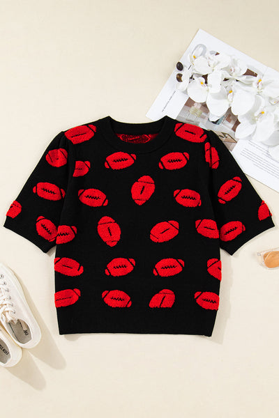 Women's Stylish Black Knit Short Sleeve Sweater with Rugby Print Comfortable Casual Top for Everyday Fashion