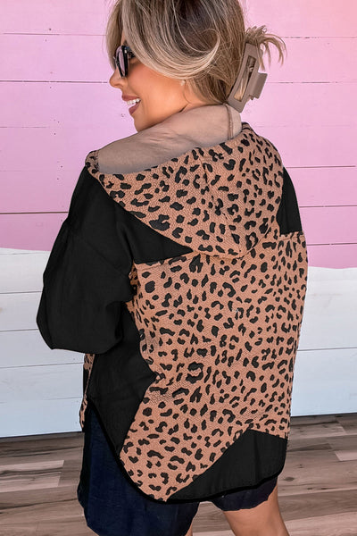 Women's Black Leopard Print Hooded Jacket with Contrast Piping - Stylish Open Front Outerwear for Casual Looks