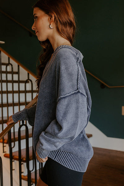 Women's Relaxed Fit Navy Blue V-Neck Knit Sweater with Drop Shoulders and Exposed Seams - Mineral Wash Style