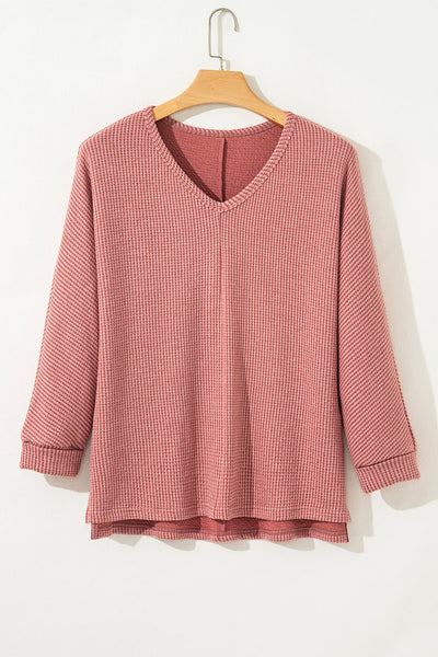 Chic Mineral Red V-Neck Tunic Top for Women - Stylish Loose Fit with Side Slits for Effortless Everyday Elegance