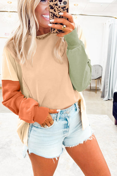 Trendy Beige Color Block Casual Sweatshirt for Women with Split Hem - Comfortable Everyday Fashion Essentials