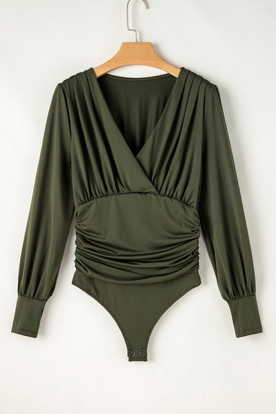 Moss Green Long Sleeve Ruched Wrap Bodysuit for Women - Chic, Comfortable Fit Perfect for Casual or Dressy Occasions