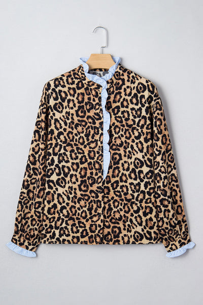 Women's Leopard Print Ruffle Blouse with Striped Contrast
