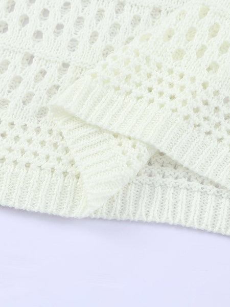 Women's White Crochet V Neck Pullover Sweater with Hollow Out Detail