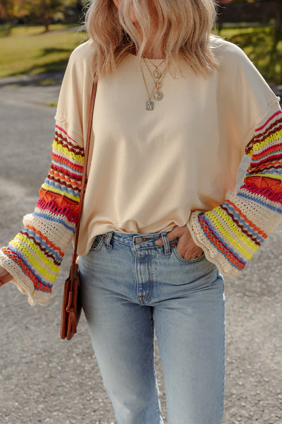 Beige Women's Casual Chic Round Neck Knit Top with Colorful Patchwork and Stylish Sleeves for Effortless Style