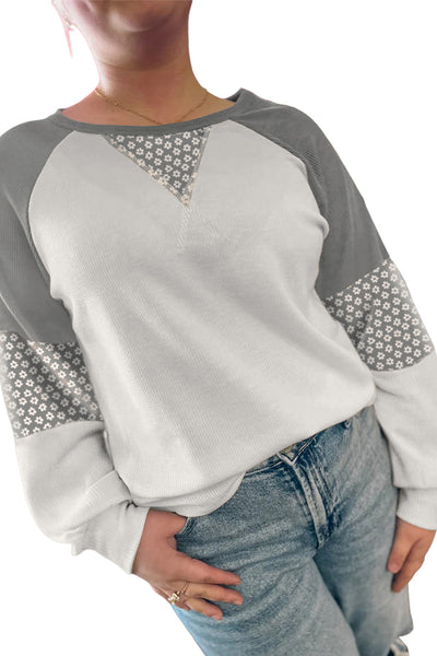Trendy Women's Gray Floral Patchwork Long Sleeve Top - Stylish Casual Wear for Effortless Everyday Elegance