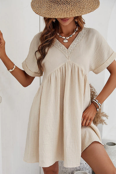 Casual Holiday Lace Stitching Waist V Neck Mini Dress