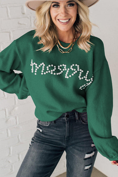 Women's Cozy Blackish Green Pearl Beaded Sweater - Casual Chic Design for Effortless Everyday Style