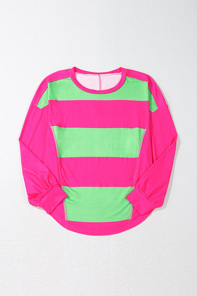 Women's Casual Chic Light Green Colorblock Striped Loose Fit Drop Shoulder Top - Effortless Style for Everyday Wear