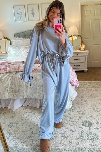 Chic Women's Blue Flounce Long Sleeve Top & Drawstring Pants Lounge Set with Velvet Bow Knot Detail