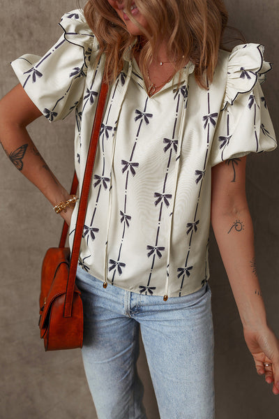 Women's Bow Print Ruffle Shoulder Puff Sleeve Blouse in Cream