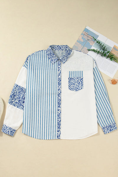 Plus Size Women‚Äôs Casual Sky Blue Leopard Print Patchwork Shirt - Stylish & Comfortable Everyday Wear