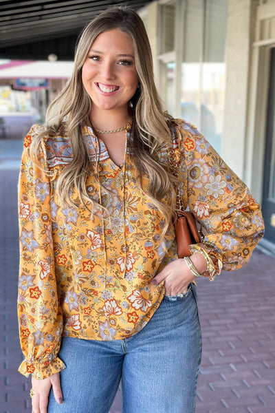 Stylish Women's Yellow Floral Blouse with Tie Neck, Long Sleeves Perfect for Effortless Spring Fashion