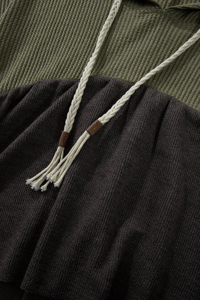 Laurel Green Women's Colorblock Hooded Top with Frayed High-Low Hem, Wide Sleeves & Textured Fabric for Stylish Comfort