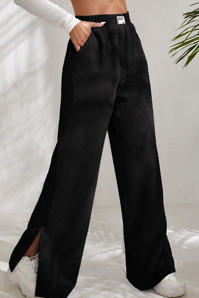 Trendy Women's Black Wide Leg Corduroy Pants with Split Hem - Comfortable Fit for Casual and Chic Style
