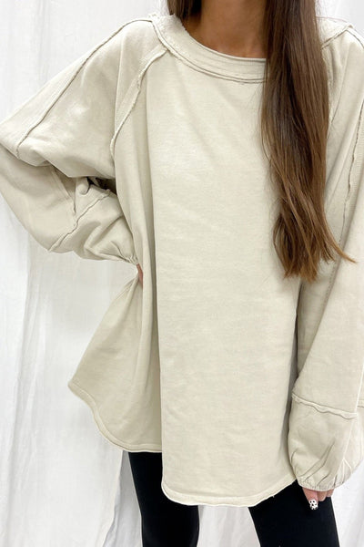 Beige Baggy Sweatshirt for Women Stylish Raw Seam Patchwork Design for Comfortable Casual Outfits