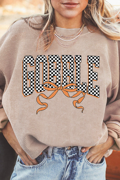 Gobble Checkered Graphic Ribbed Sweatshirt in Apricot with practical styling and dependable silhouette control.