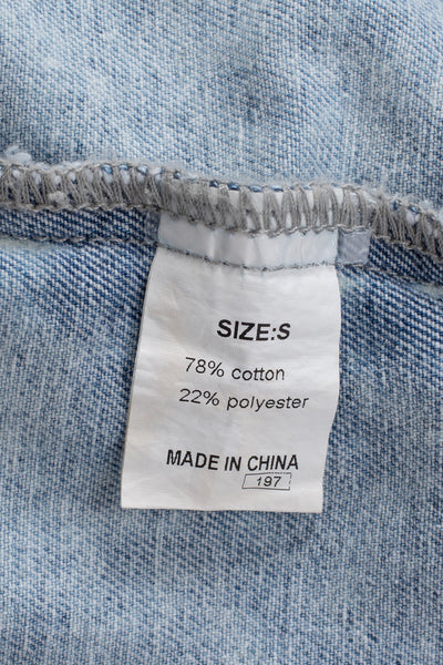Women's Sky Blue Lapel Distressed Raw Hem Buttons Denim Jacket