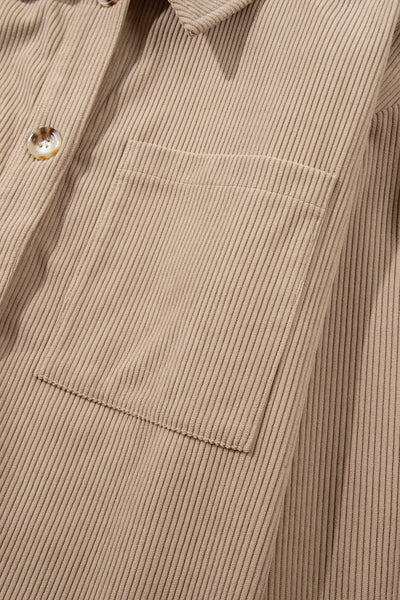 Chic Women's Pale Khaki Corduroy Shacket with Hood, Drawstring, and Pockets - Perfect for Casual Layering