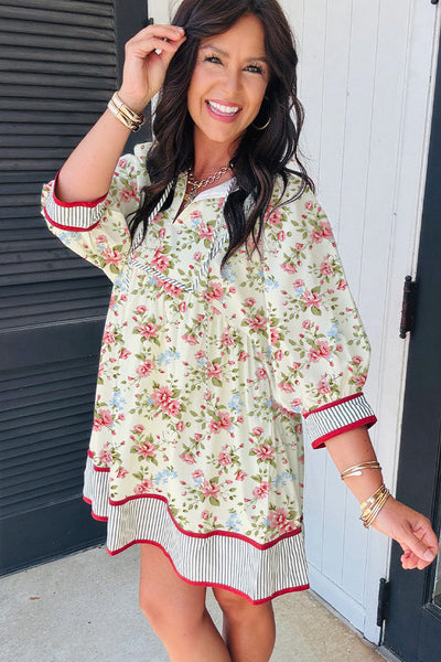 Women's Floral Apricot Striped Puff Dress with 3/4 Sleeves Chic and Comfortable for Spring and Summer Adventures