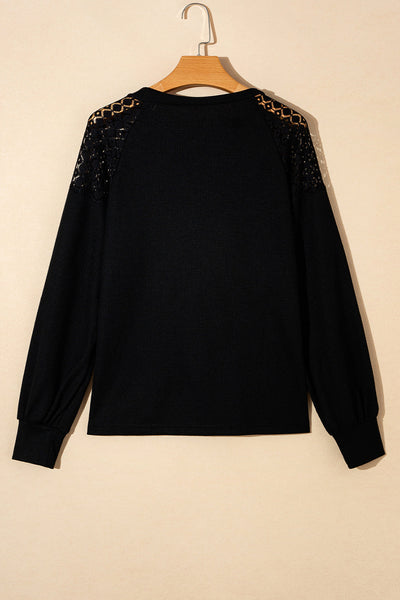 Elegant Women's Black Lace Long Sleeve Pullover - Textured Knit Top with Stylish Detailing & Cozy Comfort