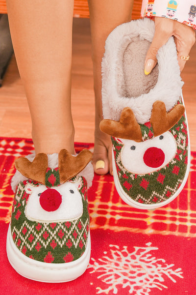 Women's Fern Green Geometric Knit Reindeer Plush Slippers