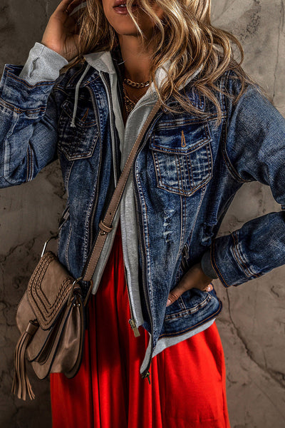 Stylish Women's Dark Blue Hooded Denim Jacket - Zip-Up Casual Layer for Everyday Outfits and Chic Outings