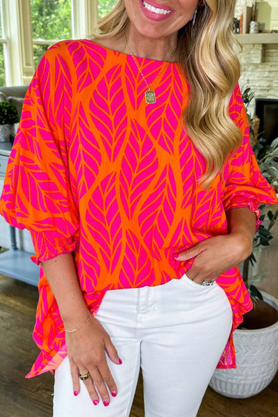 Women's Rose Tropical Leaf Print Smocked Puff Sleeve Blouse