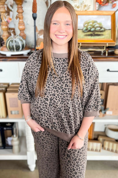 women's stylish khaki leopard print ribbed long sleeve pullover and wide leg pant set comfortable fashion ensemble made for easy styling and wardrobe