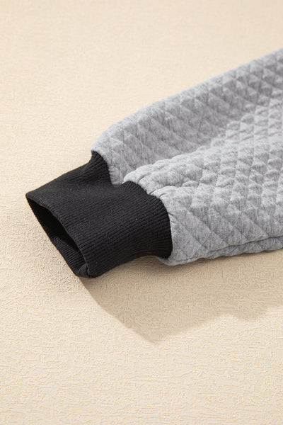 Women's Cozy Light Grey Colorblock Sweatshirt with Textured Fabric and Buttoned Collar for Casual Chic Looks