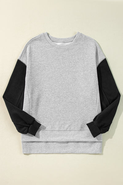 Cozy Women's Gray Two-Tone Patchwork Drop Shoulder Sweatshirt Effortless Casual Style for Everyday Comfort