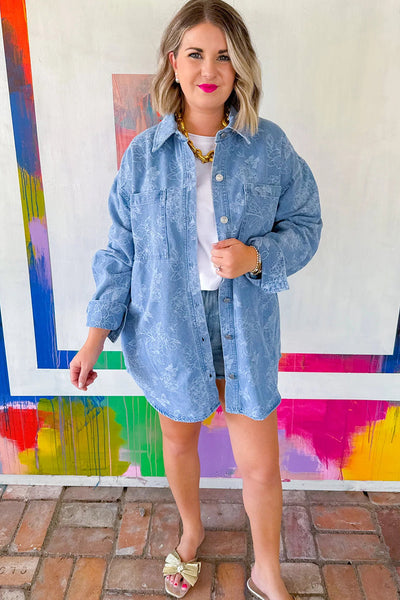 Women's Casual Denim Shacket with Floral Butterfly Print, Double Patch Pockets, Trendy Relaxed Fit for Everyday Wear