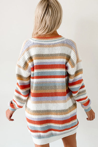 Women's Cozy Orange Striped V-Neck Cardigan Tunic Sweater - Stylish Layering Essential for Fall Fashion