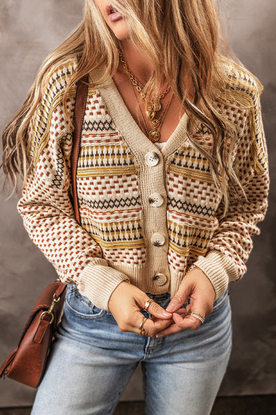 Stylish Women's Khaki V-Neck Cropped Cardigan with Buttons for Effortless Comfort and Trendy Outfits