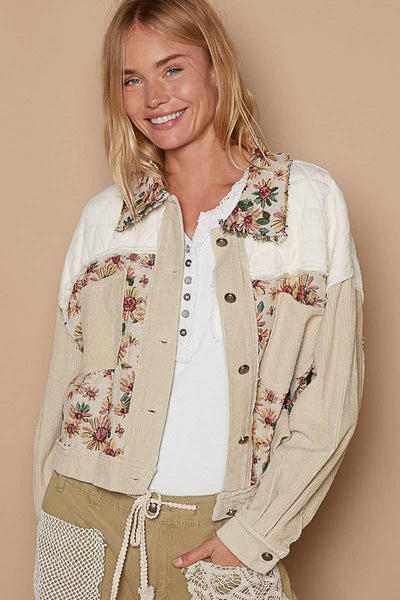 Floral Corduroy Quilted Button Down Jacket