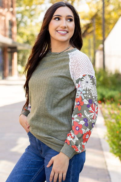 Stylish Women's Laurel Green Floral Patchwork Long Sleeve Blouse - Ribbed, Comfortable Fit for Effortless Everyday Chic