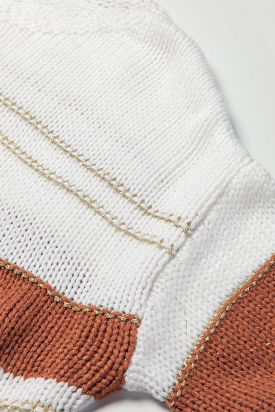 White Oversized Striped Knit Sweater with Puff Sleeves