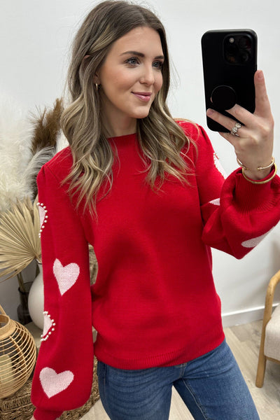 Chic Women's Racing Red Heart Print Sweater with Pearl Details and Trendy Long Sleeves for Effortless Style