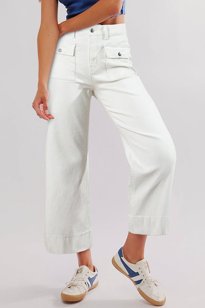 Women's High-Waist White Straight-Leg Cropped Cargo Jeans