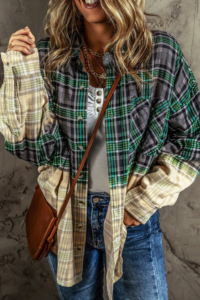 Green Plaid Patchwork Button Up Shacket with Chest Pocket