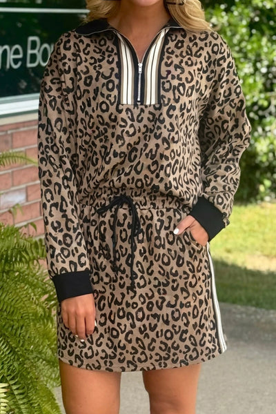 Women's Khaki Leopard Quarter-Zip Top and Mini Skirt Set made for easy styling and wardrobe coordination, with premium-like structure and finish.
