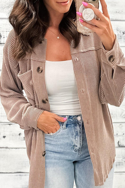 Women's Smoke Gray Twisted Ribbed Shacket with Button Down Front & Chest Pocket - Chic Casual Layering Essential